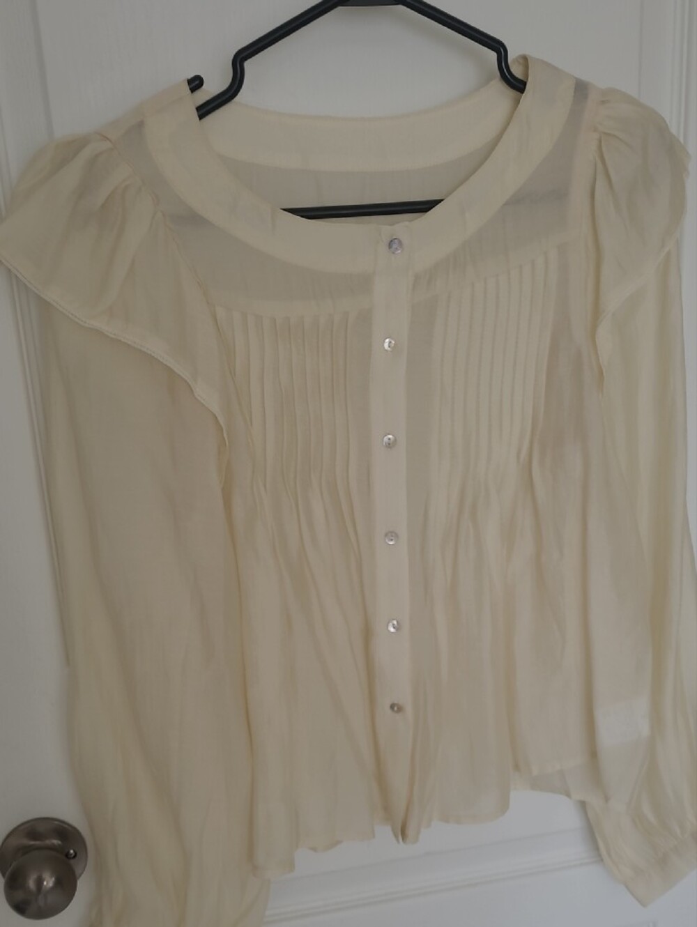 Lightweight Cream Ruffle-Yoke Button Front Blouse - Picture 2 of 5